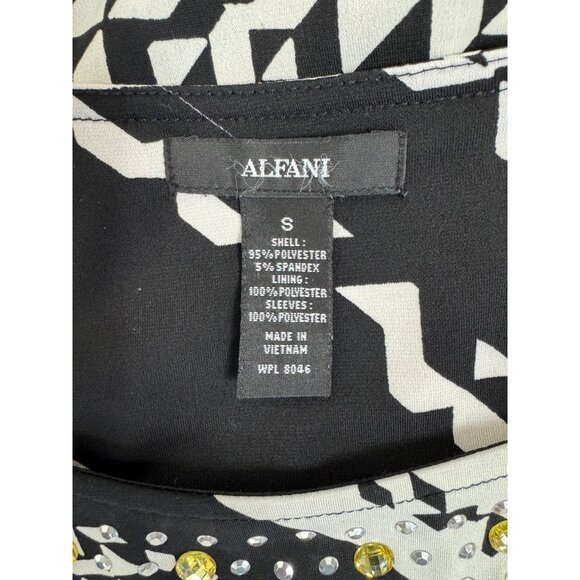 Size S Alfani Black & White Print Embellished Neckline Blouson Top Shirt‎ Blouse - Picture 4 of 6